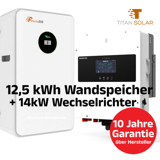 Nr. 5429 Set 12,5kWh Speicher Felicity Akku Wandmontage 51.2V 250Ah mit 3-Phasen Chisage 14Kw Hybrid Wechselrichter