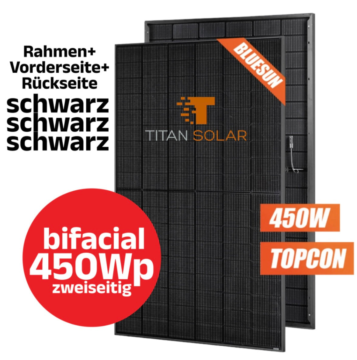 Nr. 1450 BLUESUN 450W FULL BLACK HALF CELL TOPCON BSM450M10-54HNH GLAS/GLAS Bifacial N-Type