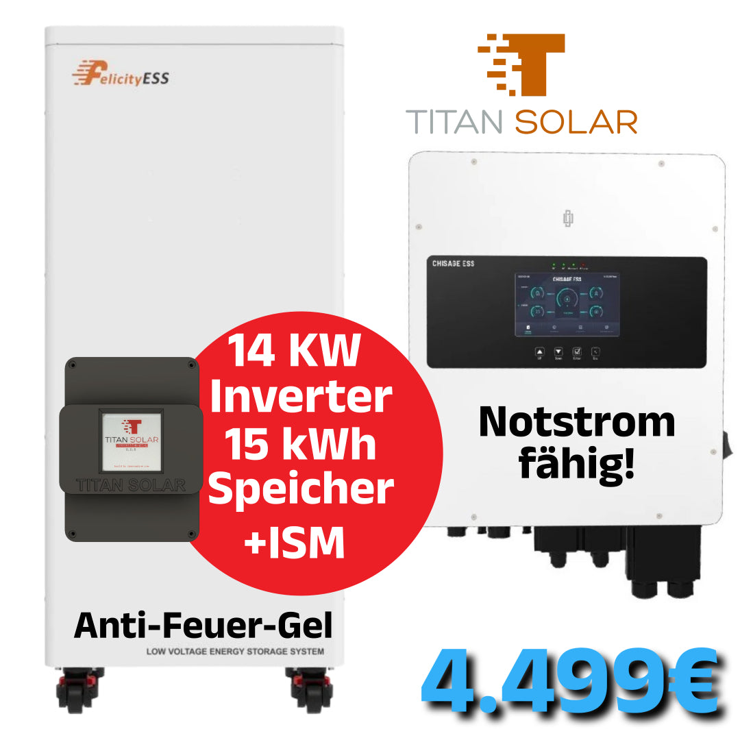 Art. 5436 - 3-Phasen 14Kw Titan Solar Mars Hybrid Inverter Wifi mit Titan Solar ISM Computer und 15 kWh Titan Solar Felicity Niedervolt Rollenspeicher