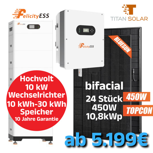 Nr. 1730 Hochvolt PV Set 10kW Peak mit 24x450W Bifacial Modulen,  Hochvolt Felicity 10kW Wechselrichter mit Hochvoltspeicher 10 kWh bis 30 kWh mit Feuerlöschspray, BMS/Display und Standfuss NEU