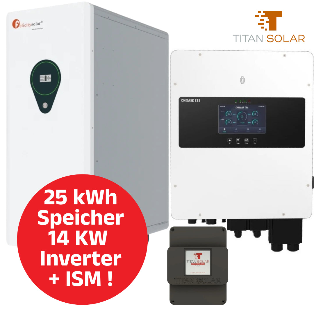 Art. 5437 - 3-Phasen 14Kw Titan Solar Mars Hybrid Inverter Wifi mit Titan Solar ISM Computer und 25 kWh Titan Solar Felicity Niedervolt Rollenspeicher