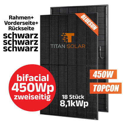 Nr. 1468 Palette mit 18 Stück 8,1kWp BLUESUN 450W FULL BLACK HALF CELL TOPCON BSM450M10-54HNH GLAS/GLAS Bifacial N-Type