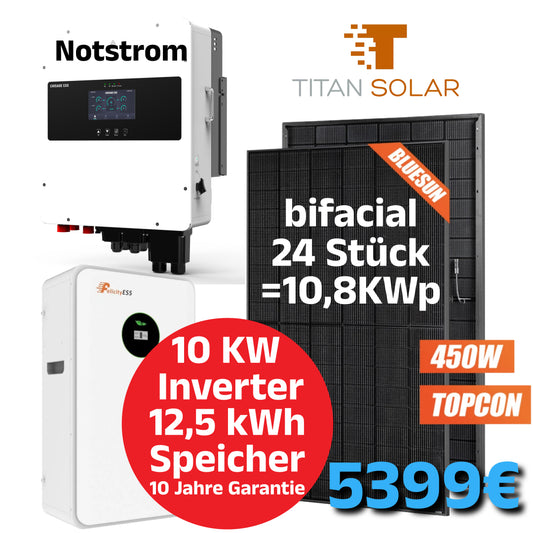 Nr. 1455 10kW PV Photovoltaik Set Solar Set mit 10,8kW bifaziale Module, 10 kW Hybrid Wechselrichter mit Notstrom und 12,5kWh Speicher