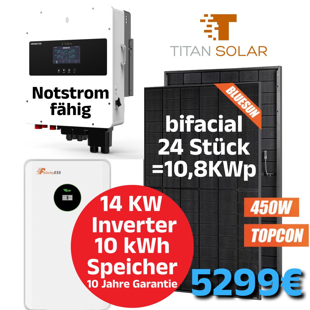 Nr. 1456 10kW PV Photovoltaik Set Solar Set mit 10,8kW bifaziale Module, 14 kW Hybrid Wechselrichter mit Notstrom und 10kWh Wandspeicher