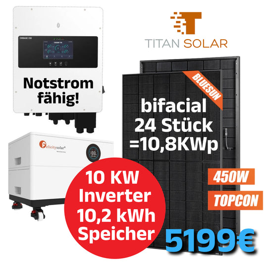 Nr. 1452 10kW PV Photovoltaik Set Solar Set mit 10,8kW bifaziale Module, 10 kW Hybrid Wechselrichter mit Notstrom und 10,2kWh Speicher