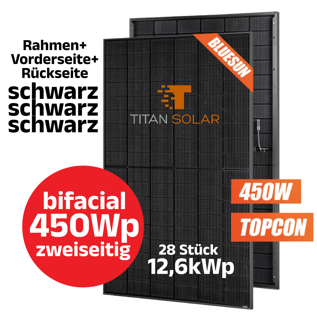 Nr. 1461 Palette mit 28 Stück 12,6 kWp BLUESUN 450W FULL BLACK HALF CELL TOPCON BSM450M10-54HNH GLAS/GLAS Bifacial N-Type