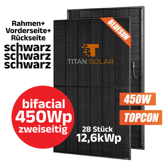 Nr. 1461 Palette mit 28 Stück 12,6 kWp BLUESUN 450W FULL BLACK HALF CELL TOPCON BSM450M10-54HNH GLAS/GLAS Bifacial N-Type