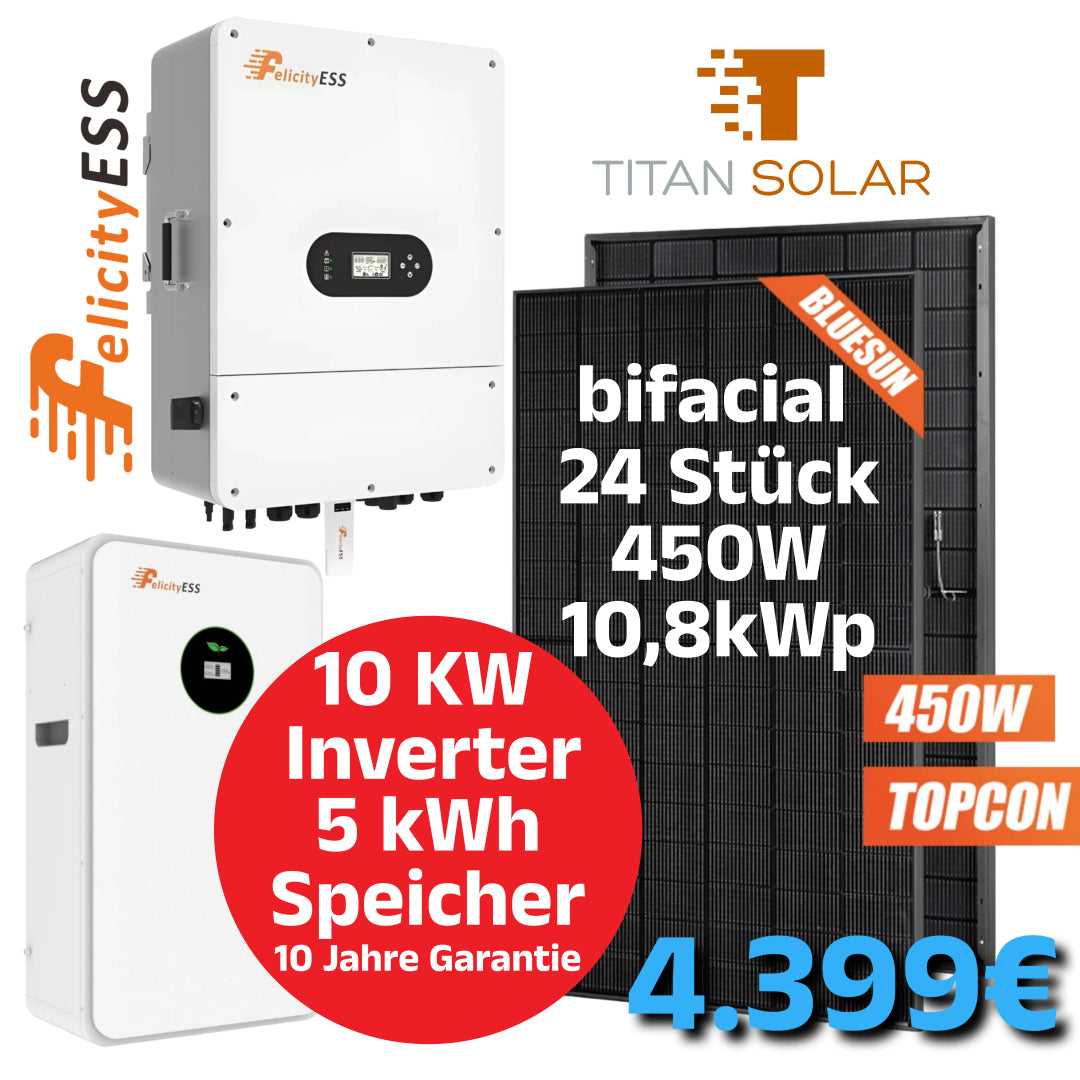 Nr. 2111 10kW PV Photovoltaik Set Solar Set mit 10,8kW bifaziale Module, 10 kW Hybrid Wechselrichter und 5kWh Speicher NEU