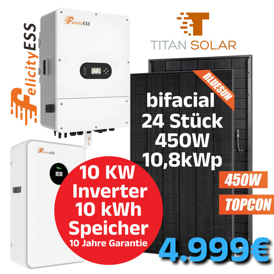 Nr. 2112 10kW PV Photovoltaik Set Solar Set mit 10,8kW bifaziale Module, 10 kW Hybrid Wechselrichter und 10kWh Speicher NEU