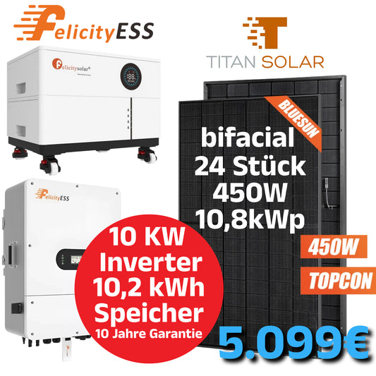 Nr. 2113 10kW PV Photovoltaik Set Solar Set mit 10,8kW bifaziale Module, 10 kW Hybrid Wechselrichter und 10,2kWh Speicher NEU