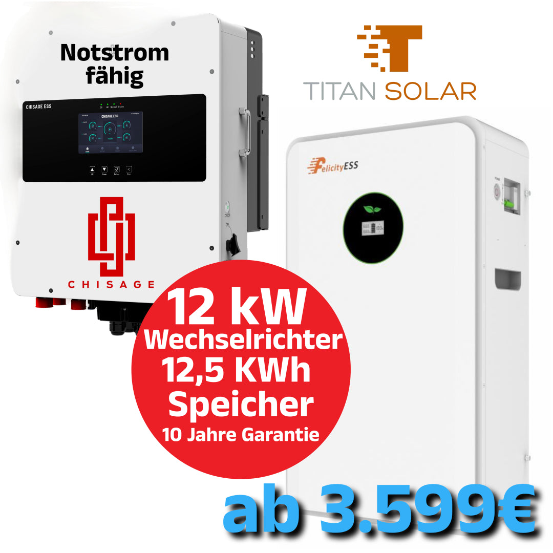 Nr. 5512 Set 12,5kWh Speicher Felicity Akku Wandmontage 51.2V 250Ah mit 3-Phasen Chisage 12Kw Hybrid Wechselrichter