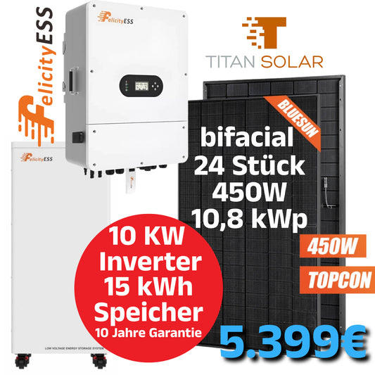 Nr. 2114 10kW PV Photovoltaik Set Solar Set mit 10,8kW bifaziale Module, 10 kW Hybrid Wechselrichter und 15kWh Speicher NEU