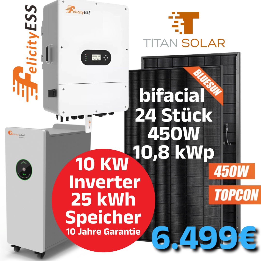 Nr. 2115 10kW PV Photovoltaik Set Solar Set mit 10,8kW bifaziale Module, 10 kW Hybrid Wechselrichter und 25kWh Speicher NEU