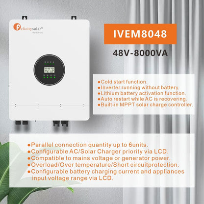 Nr. 2208 Felicity Solar Hybrid Wechselrichter 8kW, 1-phasig, Off-Grid, mit integriertem Laderegler, parallel schaltbar und WiFi-fähig