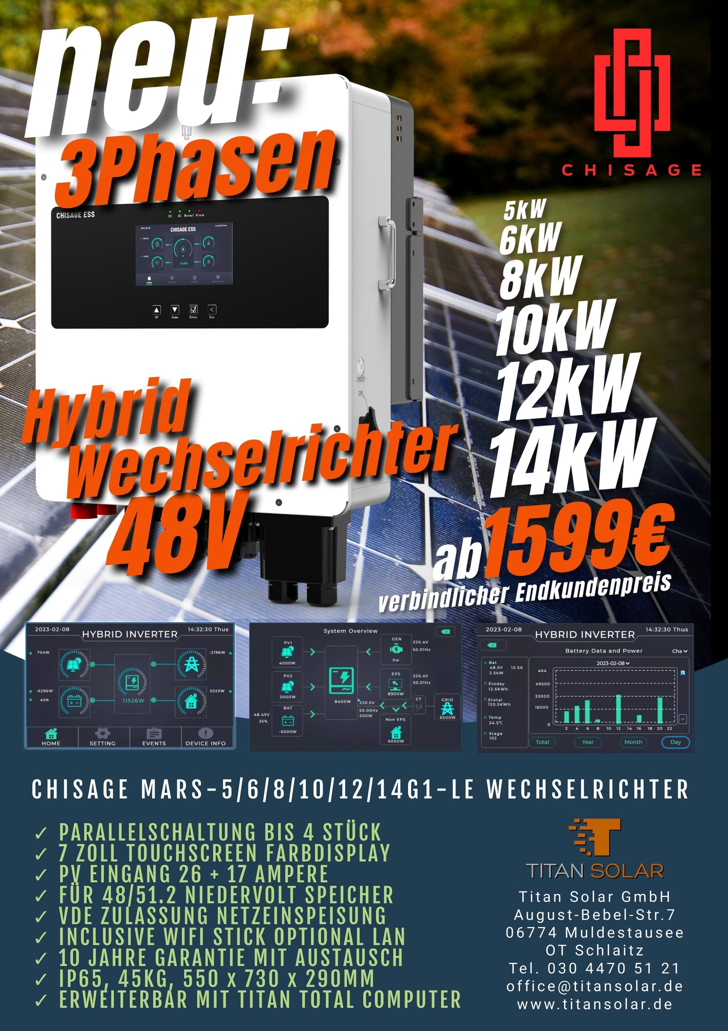 Art. 1508 - 8Kw Titan Solar Chisage Mars-8G2-LE 3 Phasen Hybrid Inverter mit WiFi VDE