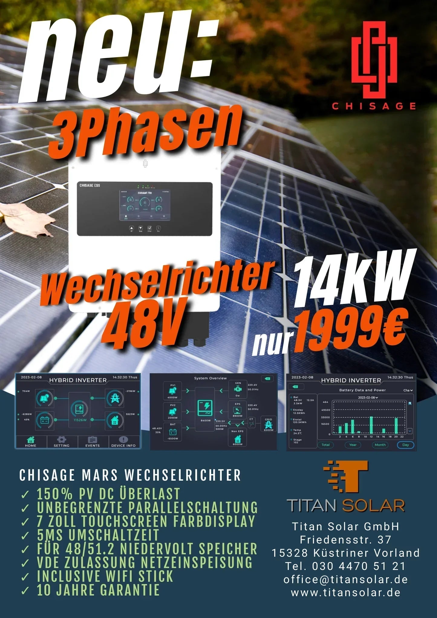 Art. 5434 - 3-Phasen 14Kw Titan Solar Mars Hybrid Inverter Wifi mit 25 kWh Titan Solar Felicity Niedervolt Rollenspeicher