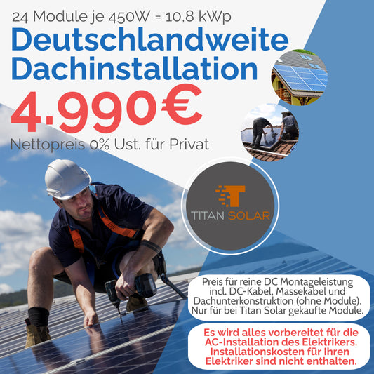 Nr.2010 Reine DC-Installation von 24 Modulen insgesamt 10,8kWp mit Dachunterkonstruktion Deutschlandweit (ohne Module)